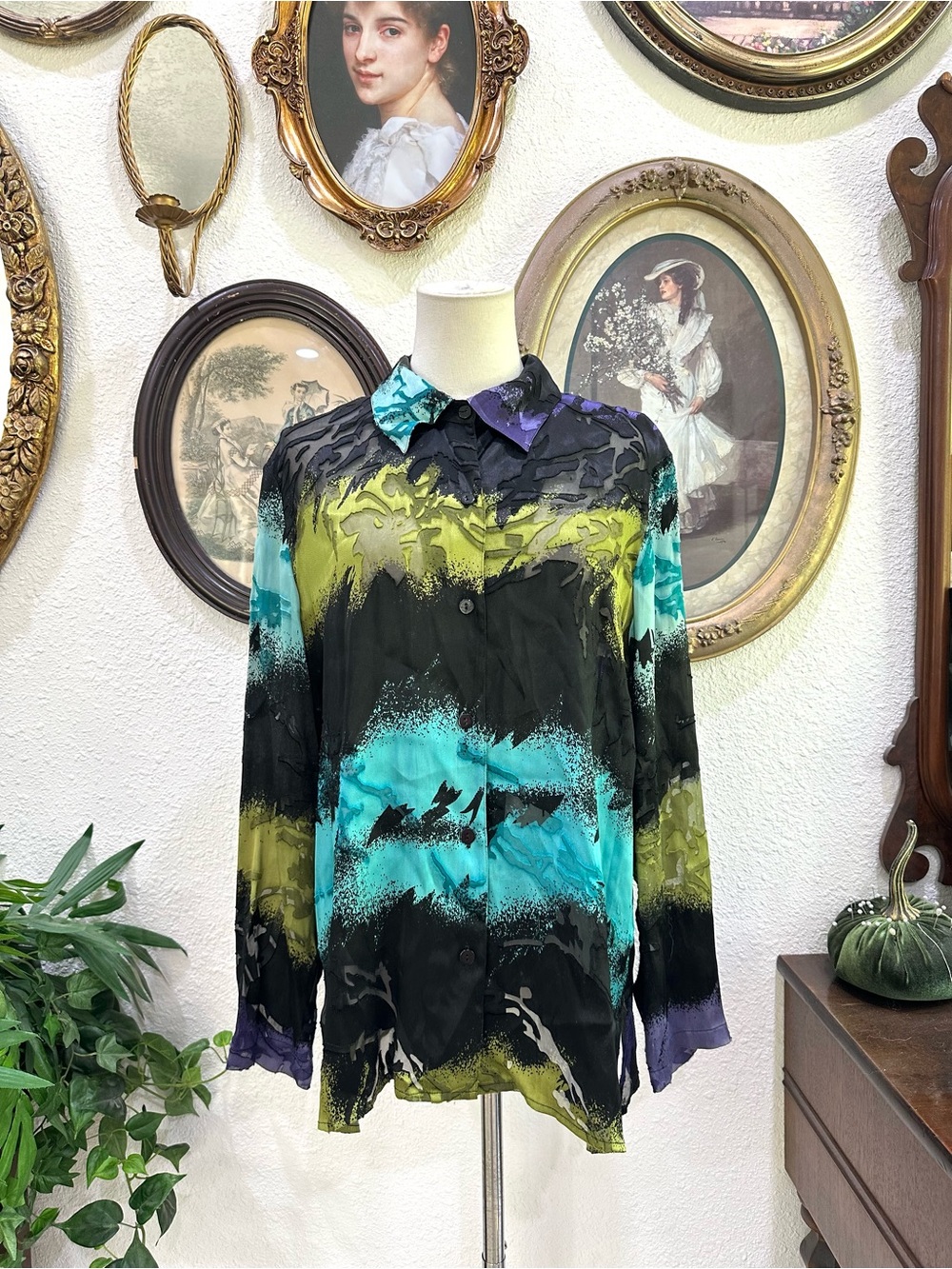 Mirasol Abstract Watercolor Button-Up Blouse in Black, Teal, Olive & Purple